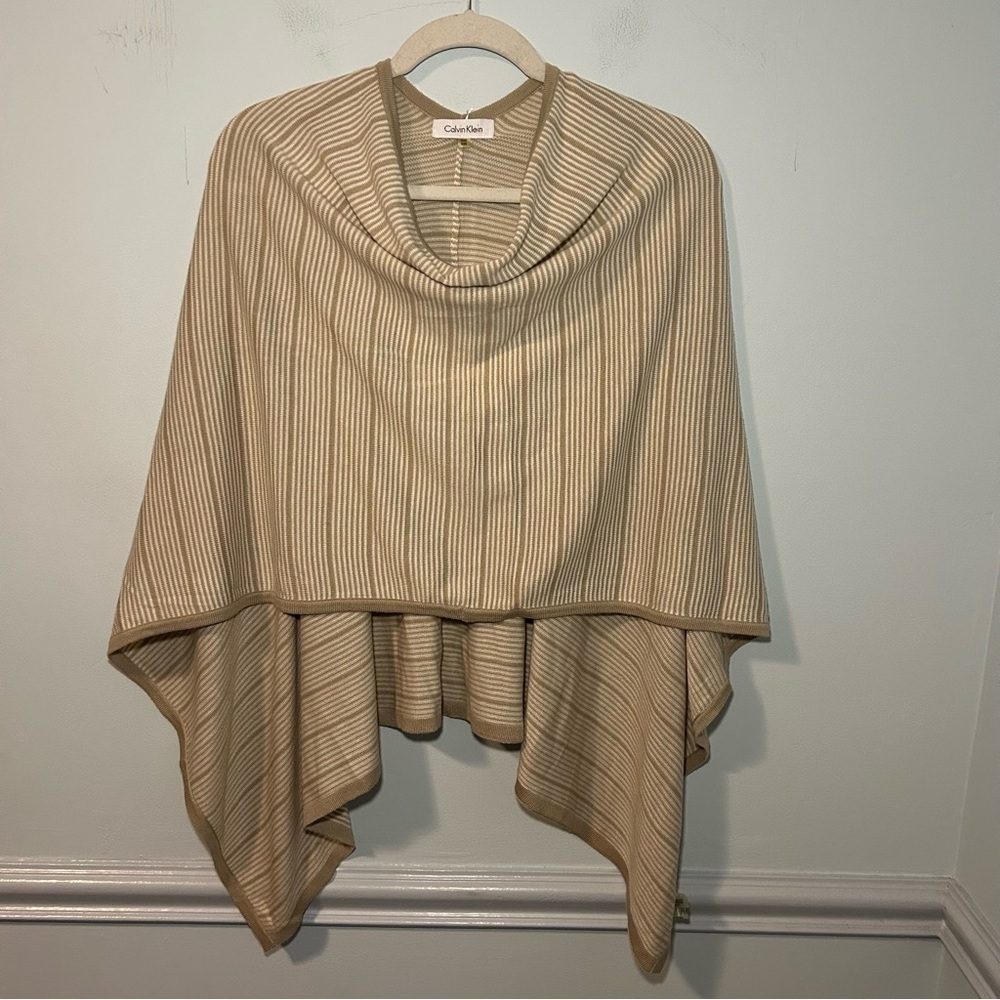 Calvin Klein Brown & White Striped Cowl Neck Poncho Size OS